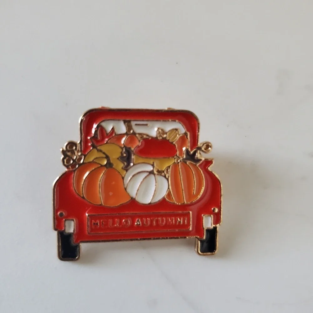 Hello Autumn Red Truck Pumpkin Enamel Pin Gold Tone Fall Harvest Lapel Pin 1Inch